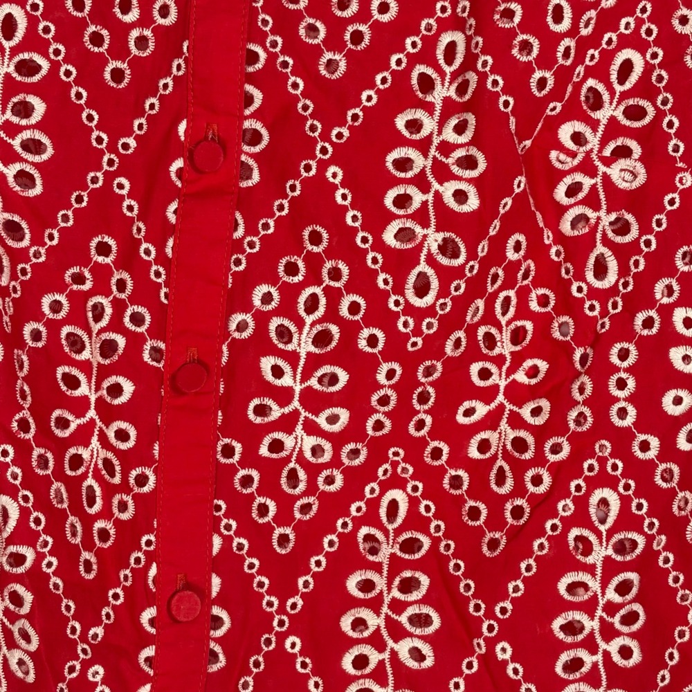 Cabi Red Eyelet Cotton Blouse Smocked Cuff Button Front Top 6203 Womens Small